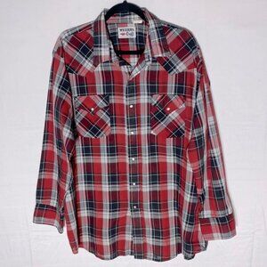 Vintage Western Craft Red Black White Plaid Pearl Snap Rodeo Western Shirt XL